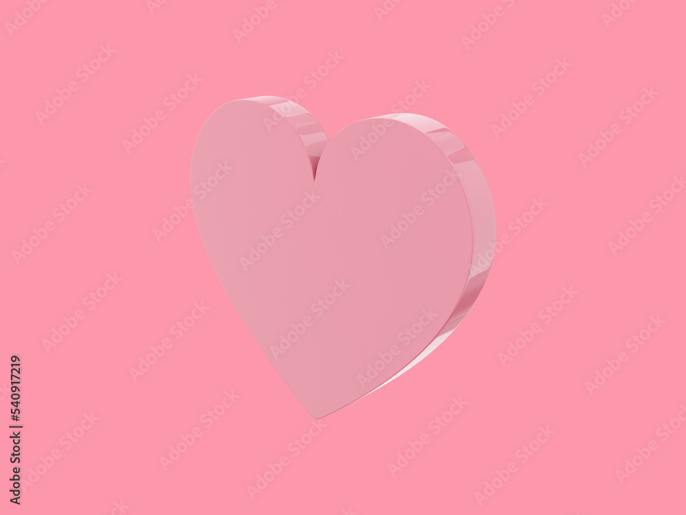 Flat heart. Pink single color. Symbol of love. On a monochrome pink background. Right side view. 3d rendering. Flat heart. Pink single color. Symbol of love. On a monochrome pink background. Right side view. 3d rendering.
