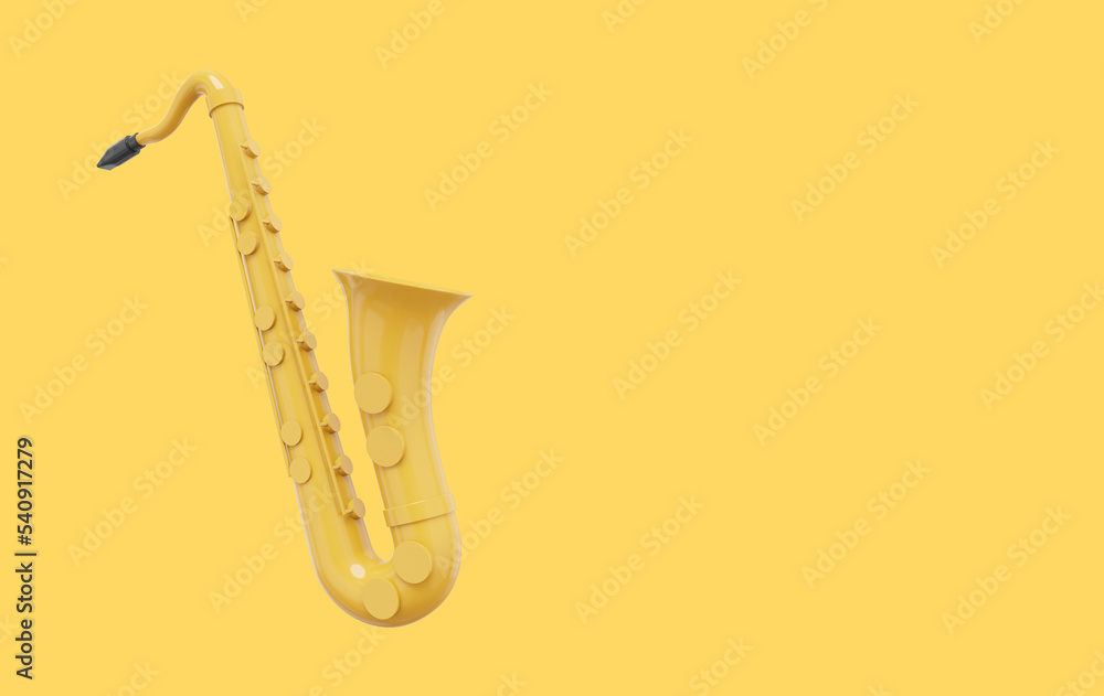 Naklejka premium Yellow saxophone, musical instrument, from side. 3d rendering. Icon on yellow background, space for text.