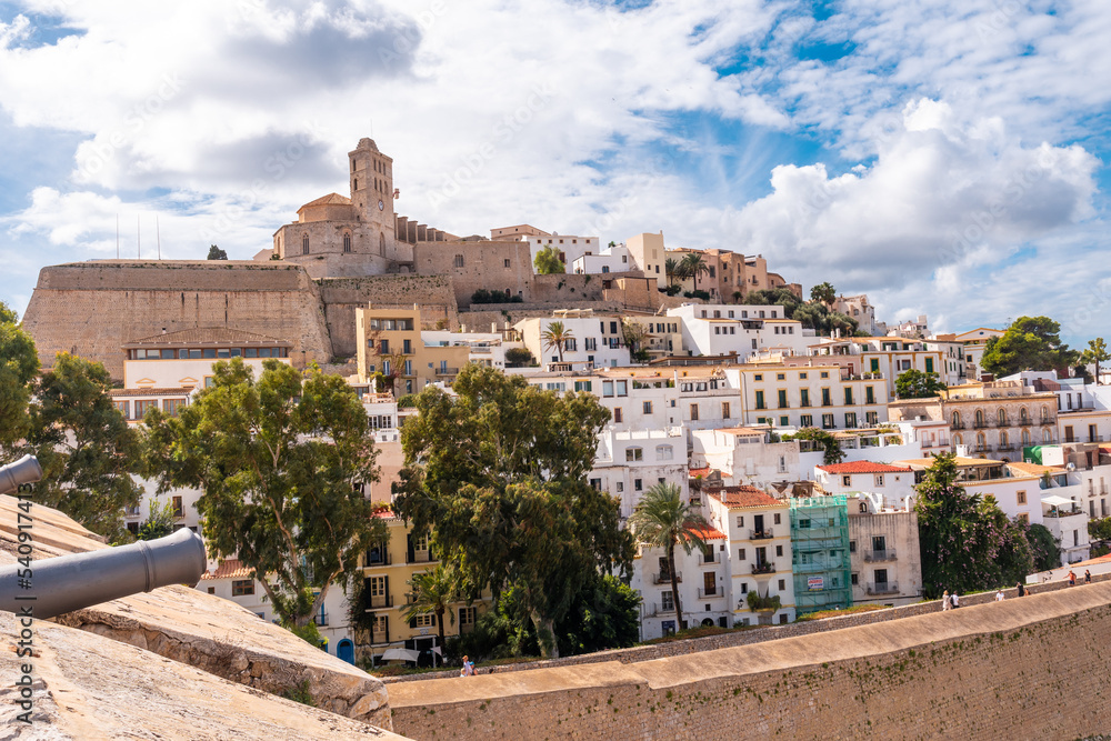 View of the cathedral of Santa Maria de la Neu from the castle wall of Ibiza, Balearic Islands, Eivissa