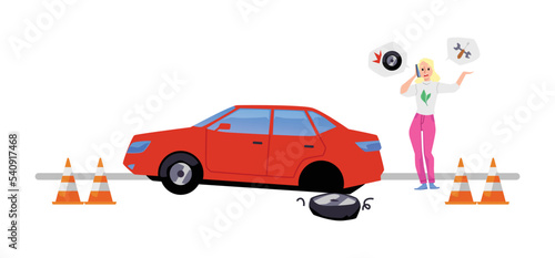 Woman calling repair shop or tow truck to help with broken car, flat vector illustration isolated on white background.