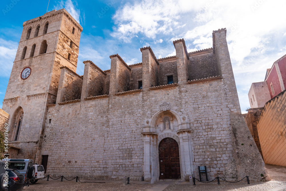 The beautiful cathedral of Santa Maria from the wall of the medieval castle of Ibiza, Balearic Islands, Eivissa
