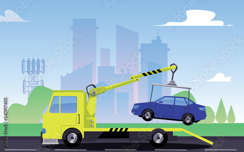 Tow truck lifting car, city landscape, flat vector illustration.
