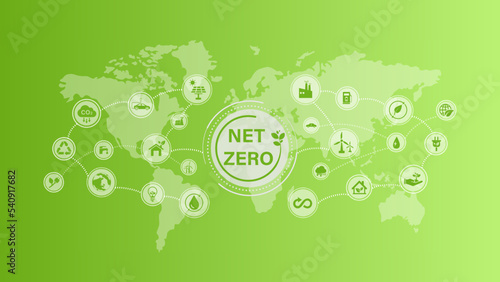 Net zero and carbon neutral concept. Net zero greenhouse gas emissions target. Climate neutral long term strategy with green net zero icon on green background with green eco city .