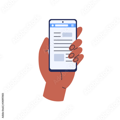 Hand holding mobile phone with news article on screen. Reading online with smartphone. Information blog in internet, digital newspaper website. Flat vector illustration isolated on white background