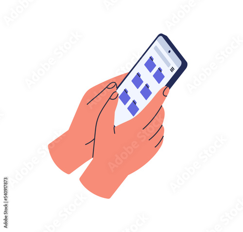 Hand holding mobile phone with folders on screen. Using business app for information, data storage in smartphone. Organizing and searching files. Flat vector illustration isolated on white background