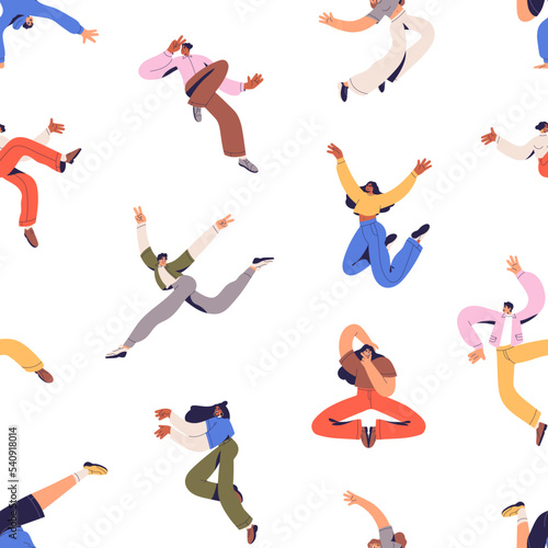 Happy energetic people  seamless pattern. Endless background with free active youth. Flying and jumping fun characters in action  repeating print  texture. Colored flat graphic vector illustration
