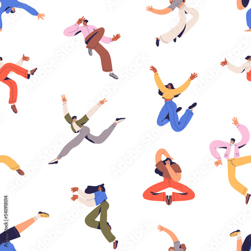 Happy energetic people, seamless pattern. Endless background with free active...
