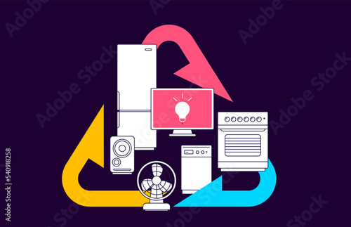 Vector illustration of recycle sign with white color different appliance on dark background. Flat line art style design eco friendly home appliance set
