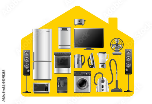 Vector illustration of yellow house shape with realistic silver color different appliance on white background. 3d style shine home appliance collection design