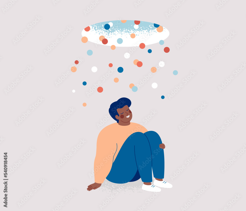 Happy man looks at the source of inspiration.Creative Boy sits under a falling stream of colorful confetti. Person opens up new horizons, dreams and ideas. Concept of freedom and development. Vector Happy man looks at the source of inspiration.Creative Boy sits under a falling stream of colorful confetti. Person opens up new horizons, dreams and ideas. Concept of freedom and development. Vector