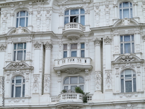 Naschmarkt Ornate White Historic Building Facade with Balconies Close Up in Vienna, Austria