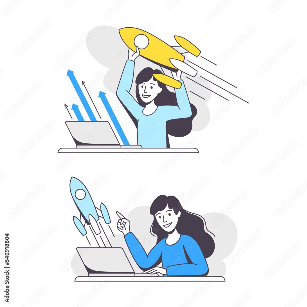 Business Project with Woman Character with Laptop and Rocket Working with Startup Outline Vector Set Business Project with Woman Character with Laptop and Rocket Working with Startup Outline Vector Set