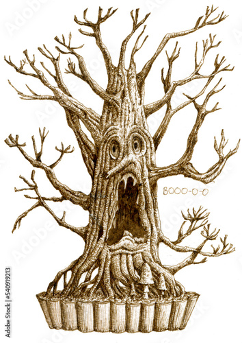Bonsai dryad or monster tree with vase, grass, branches and stems. Hand drawn ink pen illustration. Engraving style.