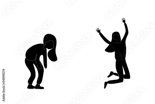 Black and white silhouette comparison of an energetic cheerful happy eager woman and a depressed tired unhappy teenager