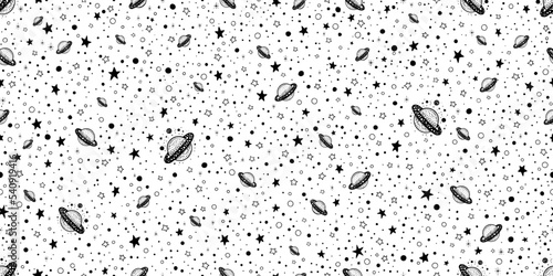 Space pattern. Star, saturn, planet, moon print. Doodle galaxy. Cute astrology vector. Outer space seamless pattern. Repeat constellation scandinavian print. Night, star. Saturn planet background art