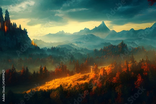 A foggy, mysterious, fantasy landscape with mountains and forests.  © ECrafts
