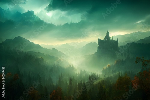 A foggy, mysterious, fantasy landscape with mountains and forests. 