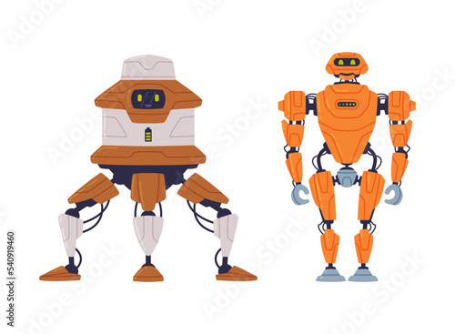 Metal Robot Machine with Limbs for Labor Automation Vector Set