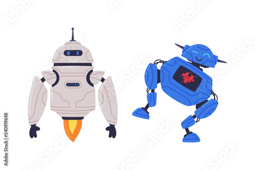 Metal Robot Machine with Limbs for Labor Automation Vector Set