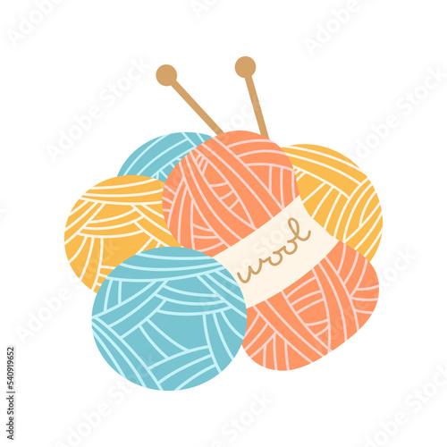 vector illustration of knitting needle and skeins of thread