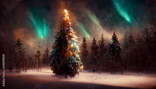 Christmas tree decoration in winter forest with northern lights. 3d Illustration of Christmas on Blurred bokeh background © Gun1215
