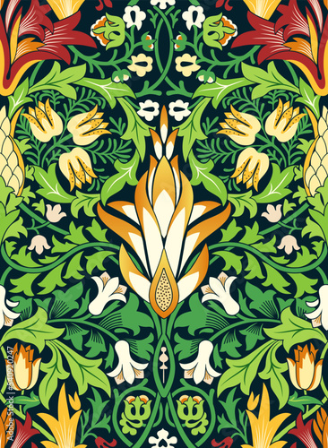 Large orange flower on green background seamless pattern. Vivid colors. Vector illustration.