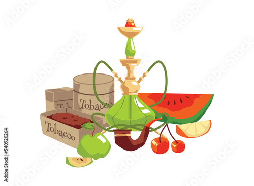 Hookah with tobacco and smoking supplies flat vector illustration isolated.