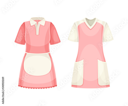 Pink Dress with Pocket and Apron as Uniform and Workwear Clothes Vector Set