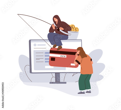 Online fraud, phishing concept. Stealing bank data, credit card information via internet. Victim of financial cyber crime and scam. Flat graphic vector illustration isolated on white background
