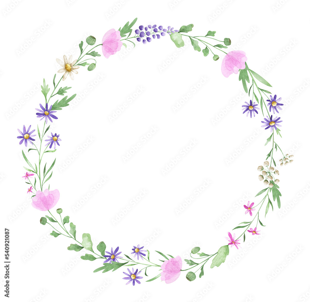 Watercolor wreath with wildflowers. Delicate frame with poppies, daisies and other violet and pink summer herbs