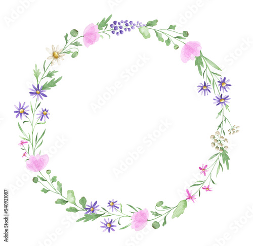 Watercolor wreath with wildflowers. Delicate frame with poppies, daisies and other violet and pink summer herbs