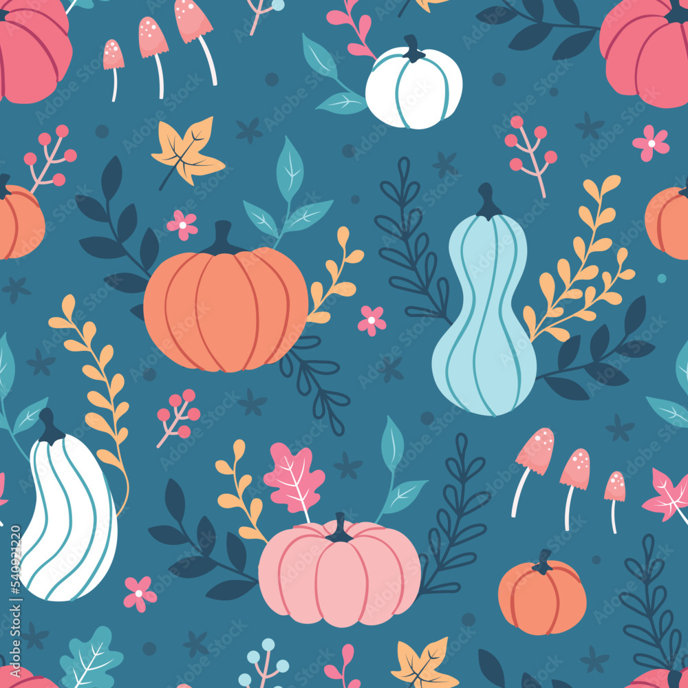 Seamless repeated surface vector pattern design with colorful pumpkins, leaves and flowers on a dark blue background