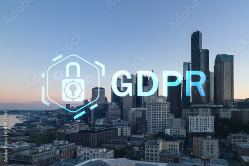 Seattle aerial skyline panorama of downtown skyscrapers at sunset, Washington USA. GDPR hologram, concept of data protection regulation and privacy for all individuals