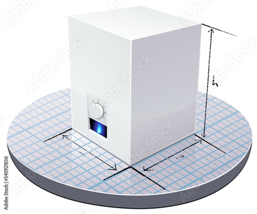 3D gas boiler with the flame of its blue pilot placed on a graph paper with the drawing of its dimensions in pencil (cut out)