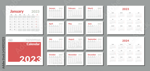 Set of 2023-2024 Calendar Planner Template, and cover with Place for Photo and Company Logo. Vector layout of a wall or desk simple calendar with week start monday.