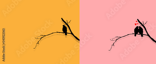 unhappy lonely bird standing alone on a tree branch happy couple bird in love standing on a branch comparison concept