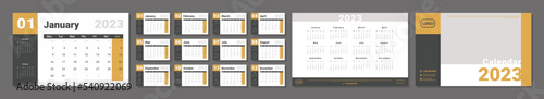 Set of 2023 Calendar Planner Template, and cover with Place for Photo, Company Logo. Vector layout of a wall or desk simple calendar with week start monday in yellow and grey color for print