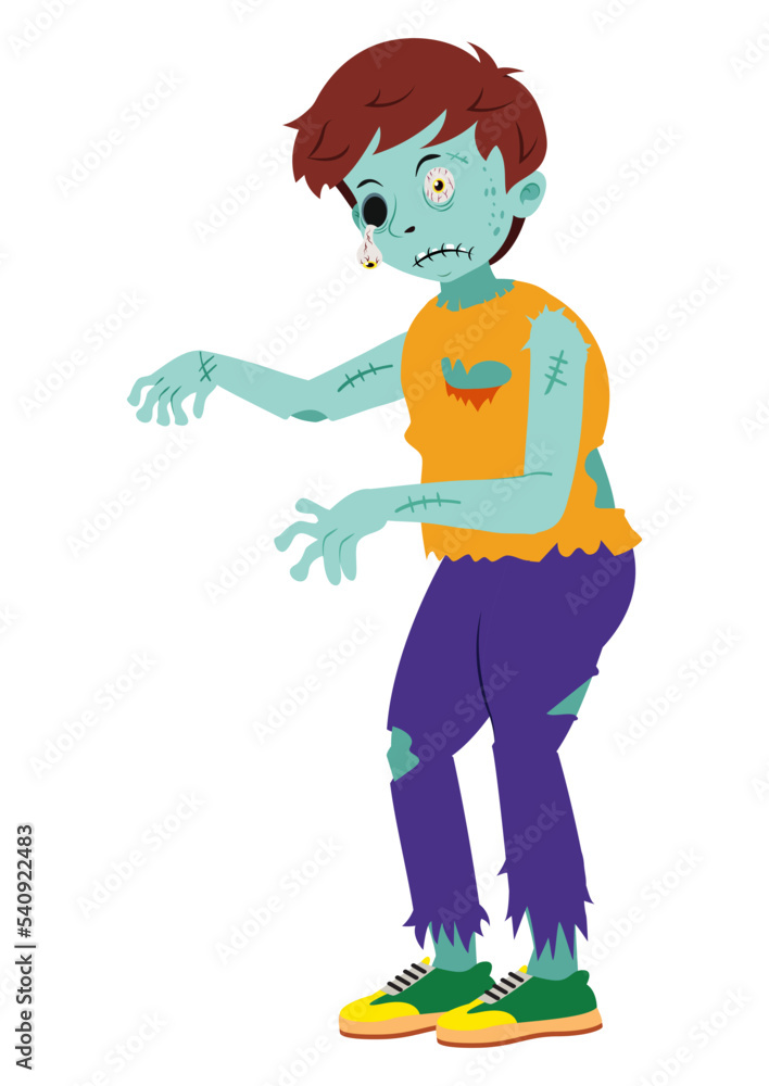 Cartoon zombie illustration with an eye out. Scary zombie isolated on a white background