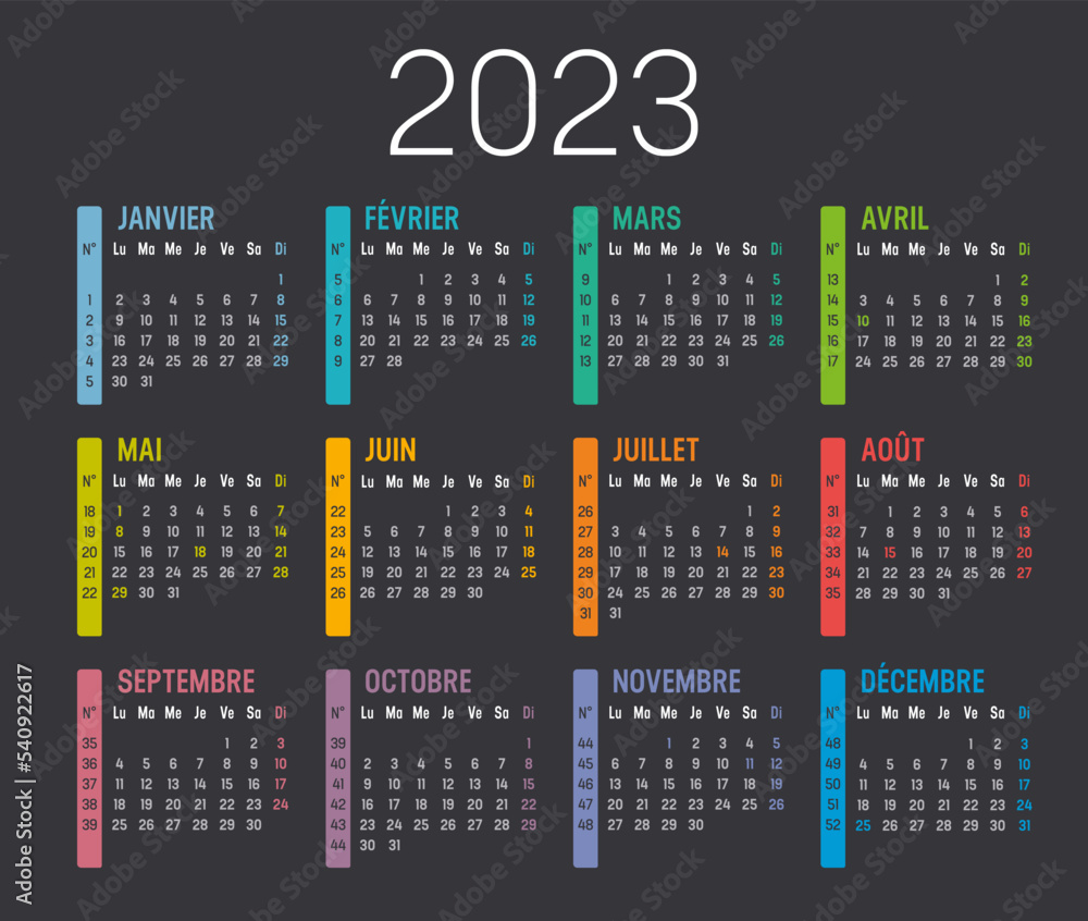 Calendrier Agenda 2023 couleur, avec numéros de semaine Stock Vector