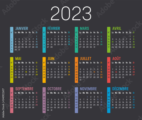 Calendrier Agenda 2023 couleur, avec numéros de semaine