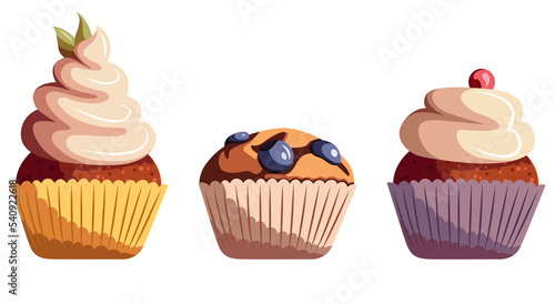Flat illustration of muffins cupcakes with custard and berries isolated on transparent background. Front view