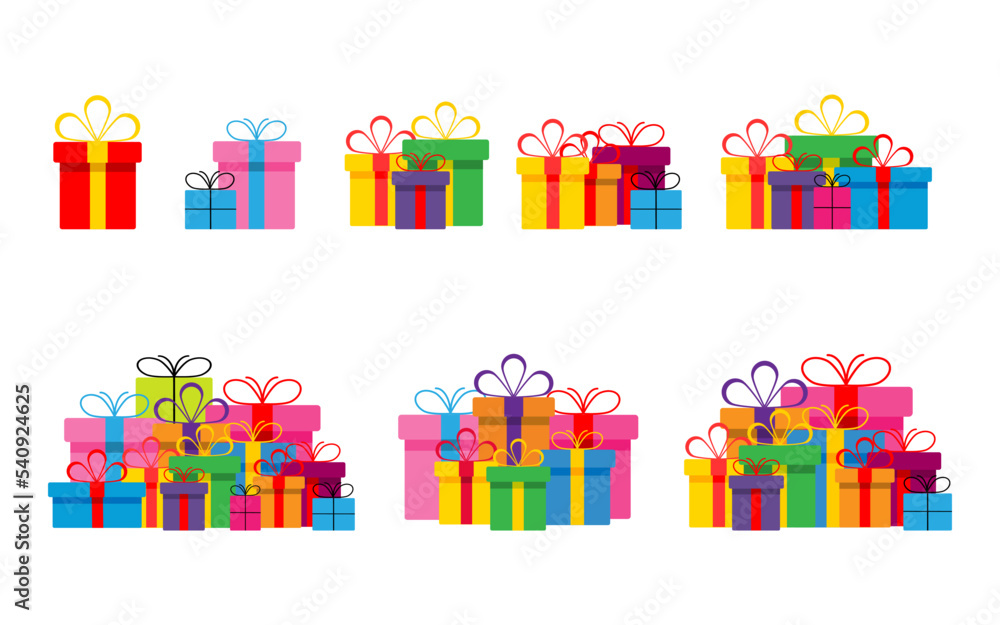 Set of colorful gift boxes with ribbons and bows.A pile of gift boxes. Presents in colorful wrapping with ribbons.Gift boxes stack in flat style.Cute present boxes on white background