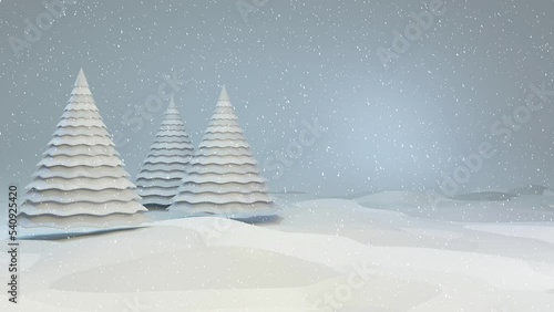 3D rendering white Christmas tree with snow falling animation background 