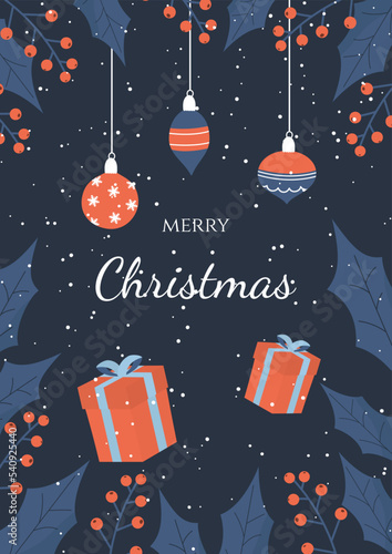 Christmas card design with gift boxes and decorations