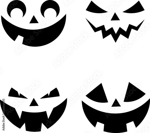 Set of Halloween pumpkin smile faces. Spooky, scary Jack O Lantern smile. Silhouette icons set for Halloween. Isolated on white background. Vector illustration.