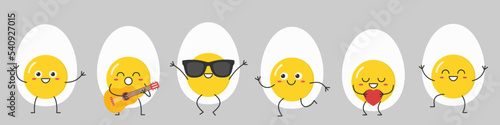 Set eggs character cartoon yolk cute smile face kawaii joy jump run love sing happy emotions icon vector illustration.