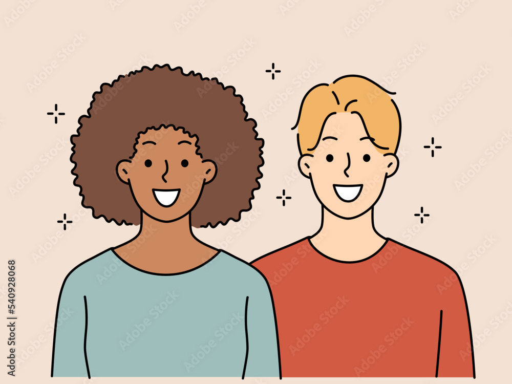 Smiling interracial couple feel positive Smiling interracial couple feel positive