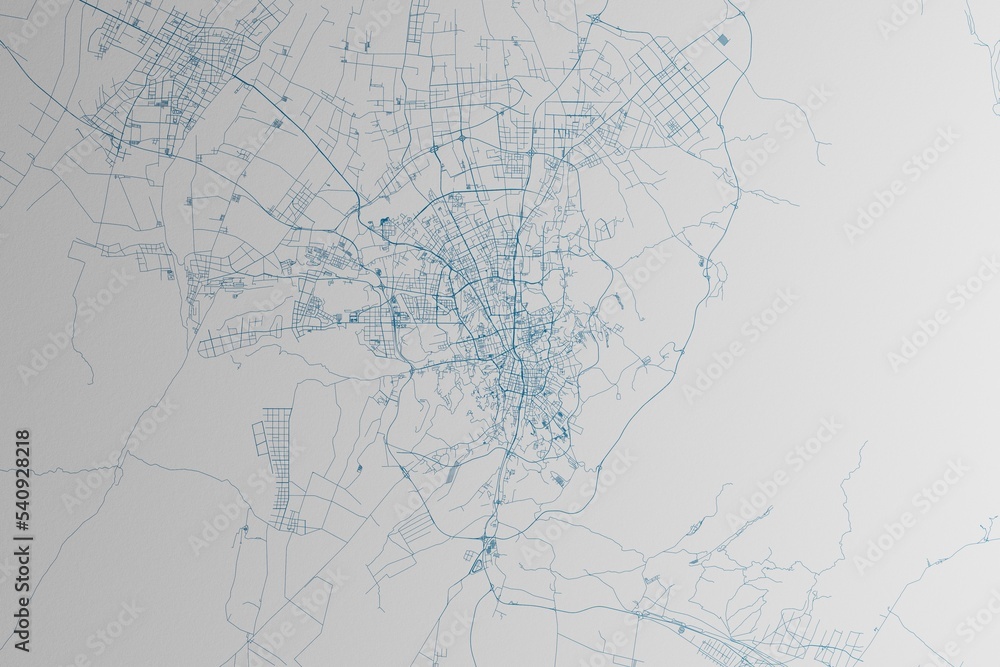 Map of the streets of Urumqi (China) made with blue lines on white paper. 3d render, illustration Map of the streets of Urumqi (China) made with blue lines on white paper. 3d render, illustration