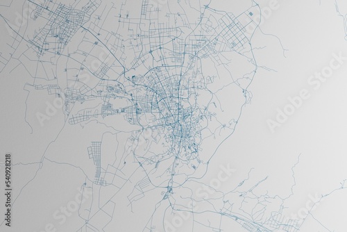 Map of the streets of Urumqi (China) made with blue lines on white paper. 3d render, illustration