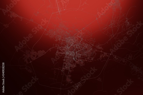 Street map of Nur-Sultan  Kazakhstan  engraved on red metal background. Light is coming from top. 3d render  illustration